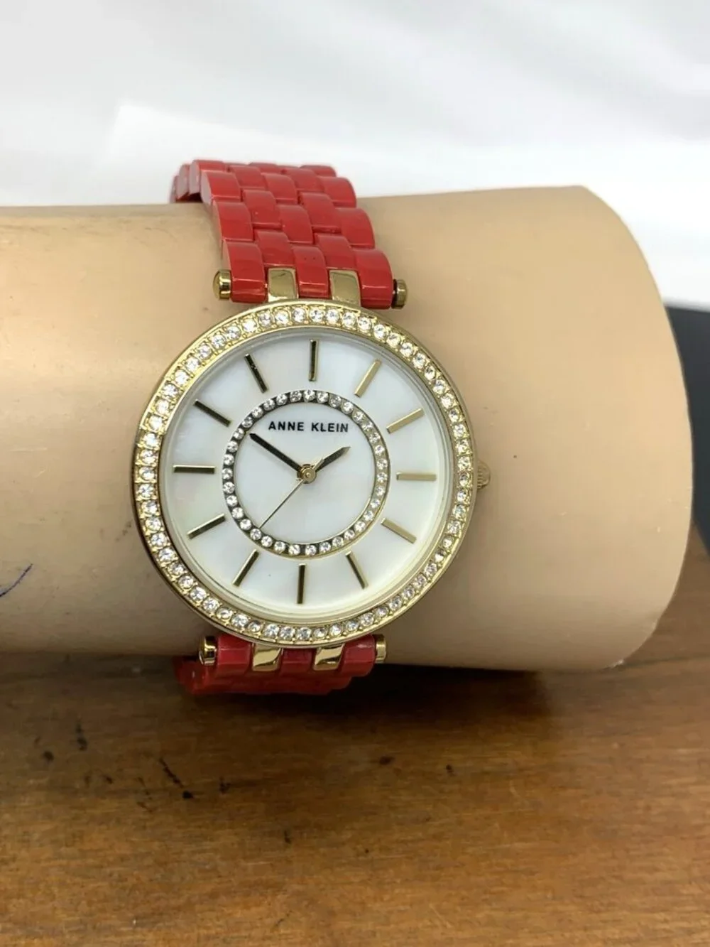 Anne Klein Women's Watch AK\2620 Quartz Mother of Pearl Dial Gold Red Resin 34mm